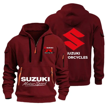 Suzuki Men's Autumn/Winter Hoodie High-Quality Outdoor Motorcycle Sweatshirt with Half-Zip Design And Multiple Pockets