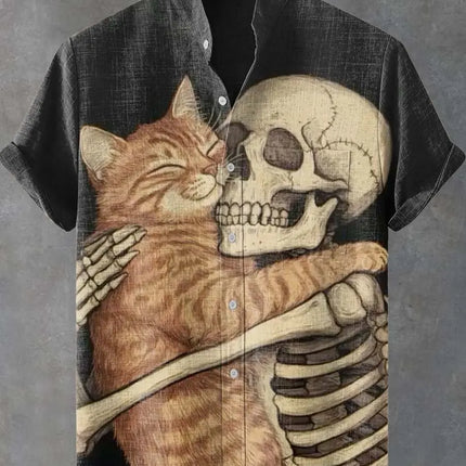 Men's summer fashion linen short sleeved shirt with cartoon cute cat print pattern casual men's top