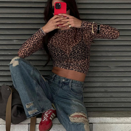 Dulzura Sexy Long Sleeves Tops Mesh T Shirt Leopard Printed Bodycon Women Clothes Lady Party Club Streetwear Casual Nightout Y2K