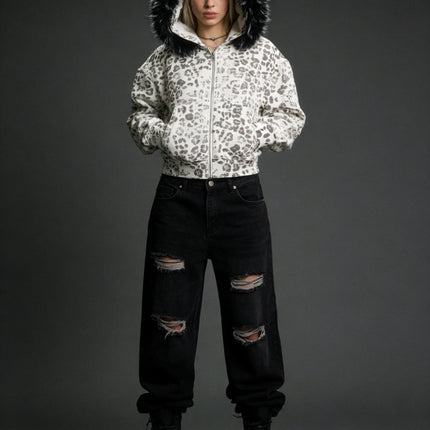 Y2K Streetwear Casual All-Season Fashion Sweatshirt Women's Leopard Print Faux Fur Hood Zipper Hoodie Cropped Oversized