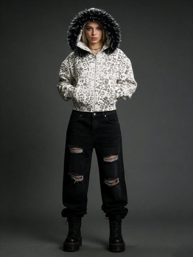 Y2K Streetwear Casual All-Season Fashion Sweatshirt Women's Leopard Print Faux Fur Hood Zipper Hoodie Cropped Oversized