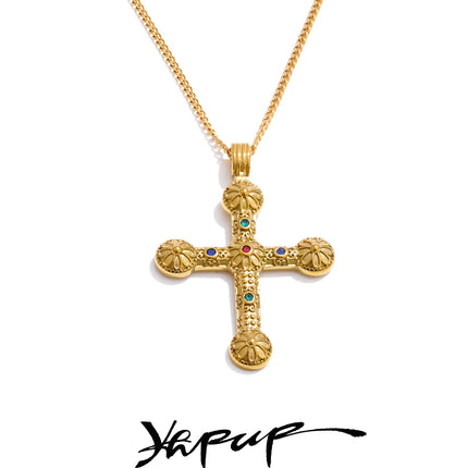 Yhpup Statement Stainless Steel Zircon Cross Pendant Vintage Necklace Arrivals 18K Golden Plated Fashion Classic Jewelry