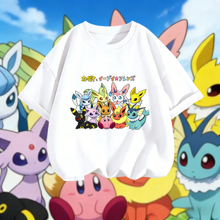 2026 Summer Pokemon Eeveelutions & Kirby Group Print T-Shirt, 100% Cotton Loose Casual Oversized Tee for Adults & Kids Y2k