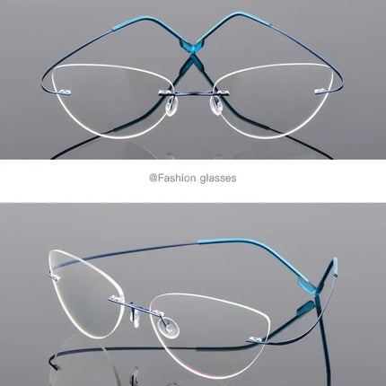 1.61 index Lens Frameless Cat Eye Myopia Eyeglasses Ultralight Rimless Blue Light Blocking Prescription Glasses -0.5 -0.75 to -6