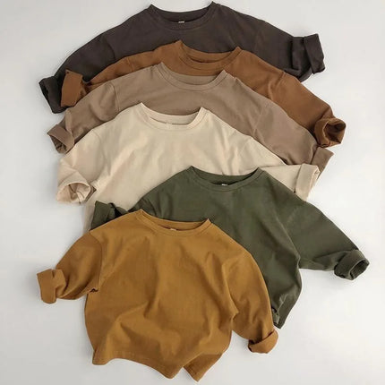 1-7Y Kids Cotton Shirt Solid Caramel Coffee Color Children's 2025 Autumn New Boys Girls Cotton Stylish Long Sleeved T-shirt