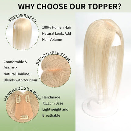 12 Inch 30cm Brazilian Human Hair Topper with 7x11 Swiss Lace Base Invisible Scalp Clip on Natural Blend for Thin Crown Hair