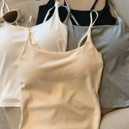 New Women's Slim Fit Tank Top Pure Color Summer Outerwear with Chest Pad Bal Base irt Sli Versatile Casual Wear