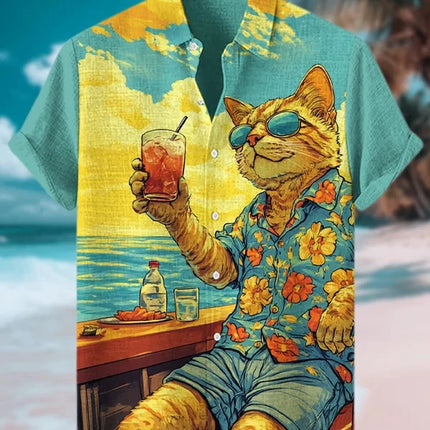Funny Animal Cat Hawaiian Shirts Men Women Sunglass Raccoon Shirt New Button Down Tropical Beach Party 2026 Blouses Aloha Shirt
