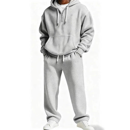 Autumn and Winter Waffle Hooded Sweatshirt Sweatpants Set 3D Printed Casual Sports Suit Men