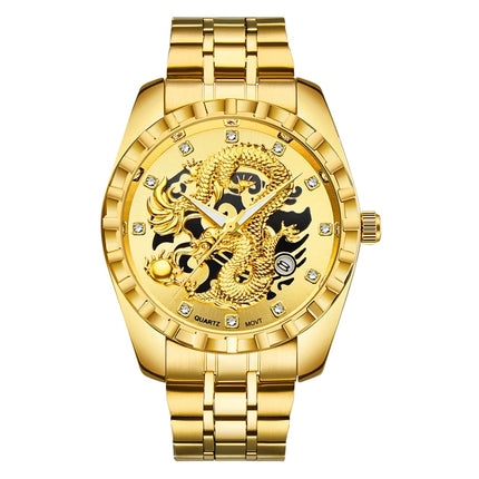 WLISTH Men's Watch 3D Golden Dragon Original Quartz Watch for Men Dragon Dial Waterproof Luminous Date Stainless Steel Watches
