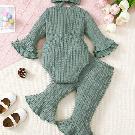 Baby girl autumn and winter casual fashion texture fabric round neck double-layer flared sleeves bow bow front jumpsuit and flar