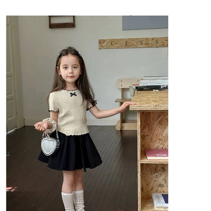Girls' Ice Silk T-shirt Korean Style Short Sleeve Tops Children's Clothes 2025 Girl Summer Teen Kids Bow Round Neck Solid Tops