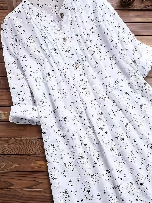 Women's Plus-size Shirt White Long Flower Decorated Lapel Button-Up Top for Travel Wear