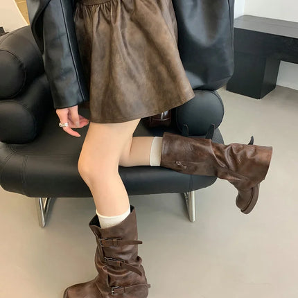 Autumn Winter Vintage Woman Knight Knee High Boots Shoes Ladies Elegant Thick Low Heel Belt Buckle Western Cowboy Botas