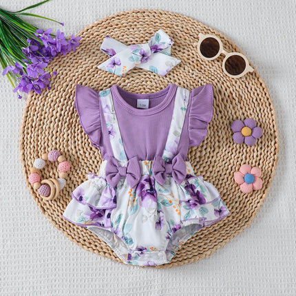 Baby girl 2-Piece Purple printed Bow Jumpsuit+Headband 0-18 Months Baby girl Summer Fashion Jumpsuit  Baby crawling suit