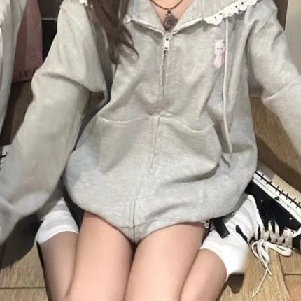 Japanese Autumn Casual Hoodies Oversized Lace Patchwork Harajuku Women's Tops Y2k Aesthetic Cartoon Embroidery Cute Sweatshirts