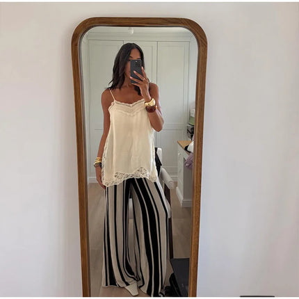 Women Lace Patchwork Sling Top Sexy V-neck Sleeveless Side Split Solid Color Vest 2025 New Summer Lady Party Vacation Tops
