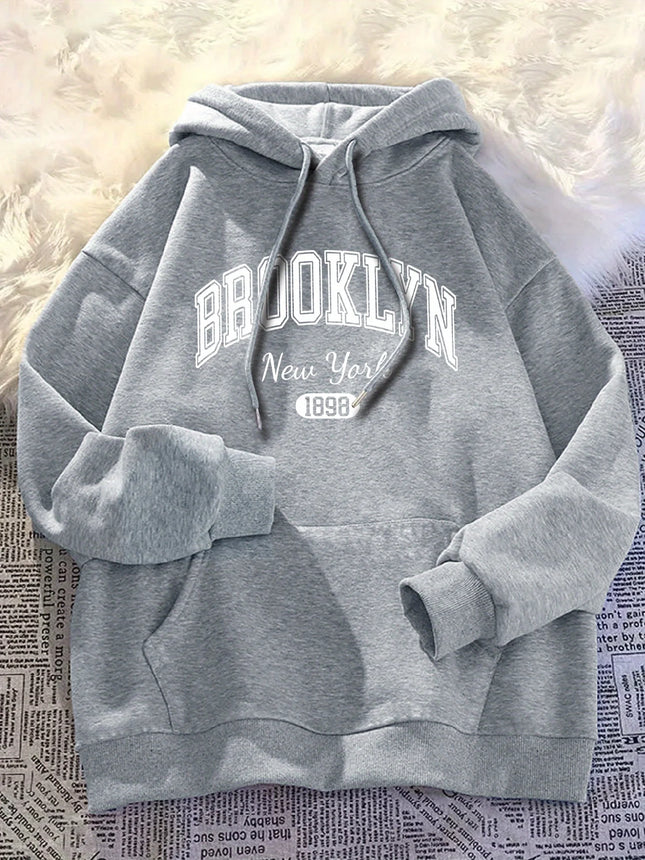 Brooklyn Hoodie Casual Wear Fashionable Letter Cartoon Print Women'S Casual Long Sleeve Pullover with Kangaroo Pockets  Trendy