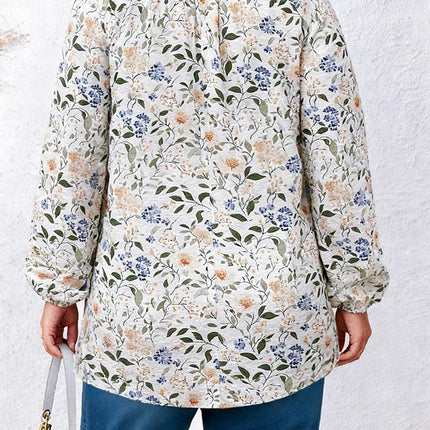 Women's Plus Size Floral Print V-Neck Long Sleeve Loose Top