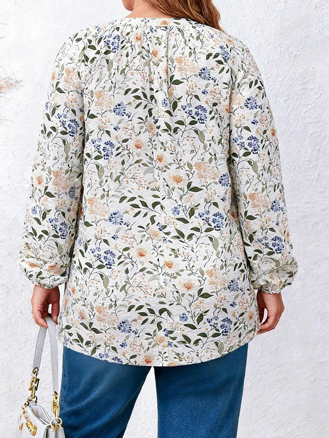 Women's Plus Size Floral Print V-Neck Long Sleeve Loose Top