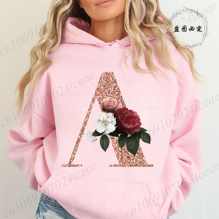 Rose Gold Letter A~Z Printed Women's Sweatshirts Hoodie Fashion Women Hooded Hoodies Casual Harajuku Streetwear Pink Clothing