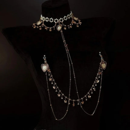 Pearl Heart-Shaped Nipple Clip Body Chain Collar Rhinestone Butterfly Pendant Chest Restraints Sexy Accessories for Women Sextoy