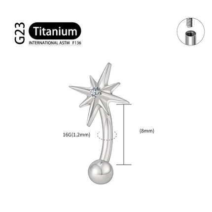 ASTM F136 Titanium 16G CZ North Star Rook Earring 6mm 8mm 10mm 12mm Curved Barbell Eyebrow Cartilage Tragus Labret Piercing