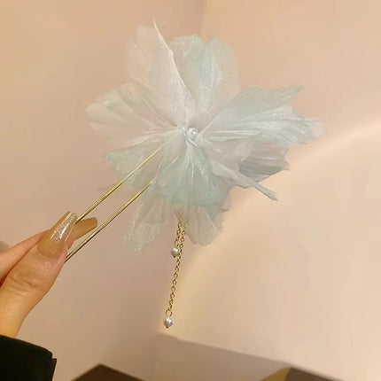 New Chinese Style Gentle Gradient Fabric Flower Hair Sticks for Women Sweet Chains Tassel Imitation Pearl Hairpin Fairy Headwear
