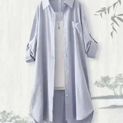 Plus Size Women Simple Long Sleeve Blouse Chic Korean Style Loose Fit Breathable Shirt Casual Autumn Solid Color Midi Tunic Tops