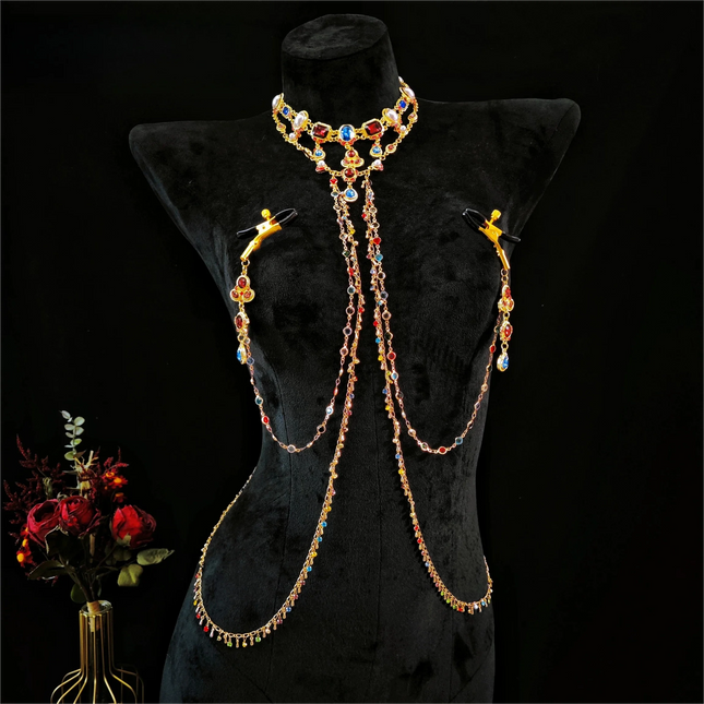 Rhinestone Body Chain Set with Nipple Clamps, Back Chain, and Waist Chain, Luxury Multicolor Crystal Body Jewelry for Night Club