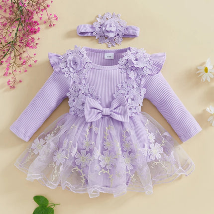 Pudcoco Baby Girls Romper Dress Mesh Lace Patchwork Long Sleeve Jumpsuits and Cute Headband Set for Toddler Infant 0-12M