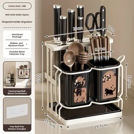Kitchen Utensil & Knife Holder with Drain Tray Wall Mount Chopstick Cutlery Storage Rack for Countertop