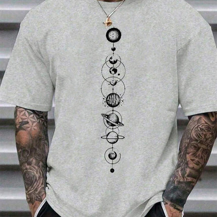 Men's Summer 100% Cotton Fashionable Casual Loose-fit Round Neck Space Planet Pattern Short-Sleeved T-Shirt Top