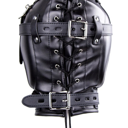 PU Leather Full Head Bondage Hood Mask Adjustable BDSM Headgear Blindfold with Chain Leash Role Play Costume Accessories