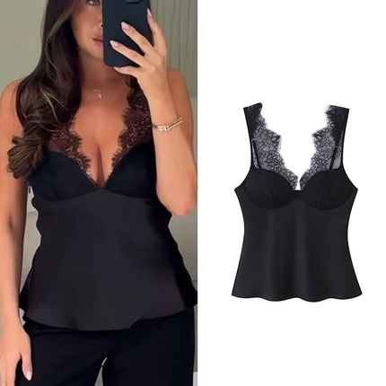 Women's Elegant Camisoles Sexy Splice Lace Sleeveless Sling Top Fashion Slimming Vintage Tank Top 2026 New Lady Street Wear