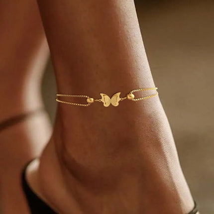 Stainless Steel Metal Double Layer Butterfly Anklet For Women Fashion Gold Color Adjustable Feet Chain Anklet Jewelry Gifts