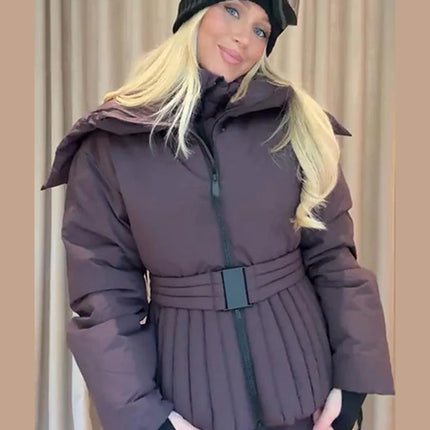 Women Peplum Ski Jackets Hooded Stand Collar Belt Waist Zipper Solid Puffer Jacket Fashion Sheath Warm Sport Winter 2025 Skiwear