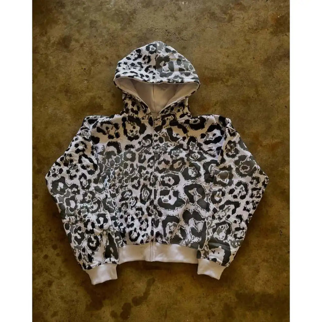Trendy brand new European and American leopard print hooded cardigan top loose casual hip-hop wide leg pants set