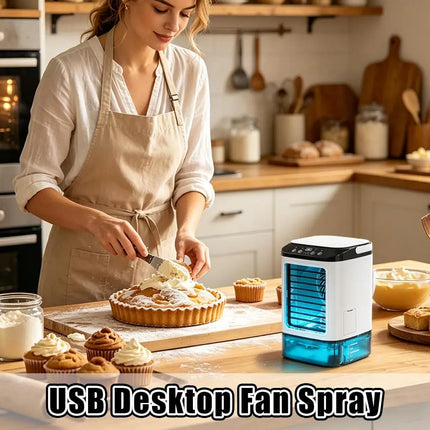 Mini Air Conditioner Fan Portable USB Desktop Cooling Fan with Dual Spray Humidifier 900mL Water Tank 3 Speeds Quiet Air Cooler