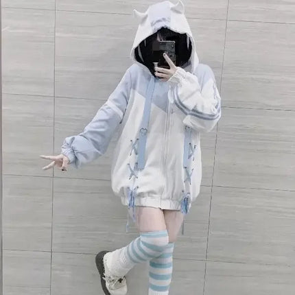 Harajuku Kawaii Clothing Cute Oversized Zipper Hoodie Sweatshirt Women 2024 New Japanese Casual Fashion Gothic Tops Jacket Coat