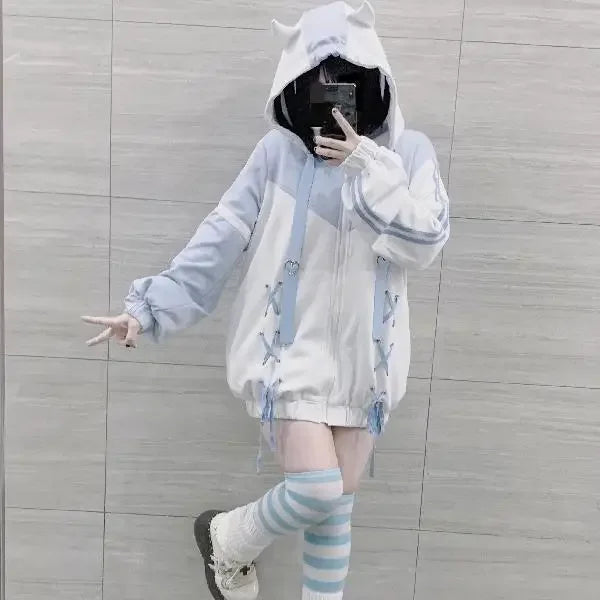 Harajuku Kawaii Clothing Cute Oversized Zipper Hoodie Sweatshirt Women 2024 New Japanese Casual Fashion Gothic Tops Jacket Coat