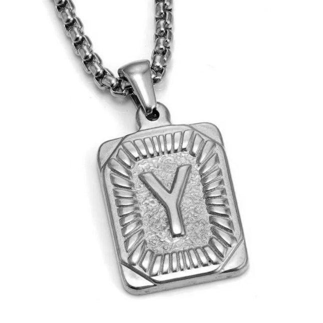 Men's 18K Gold Square Double-Sided 26 English Letter Pendant Titanium Steel Jewelry Necklace