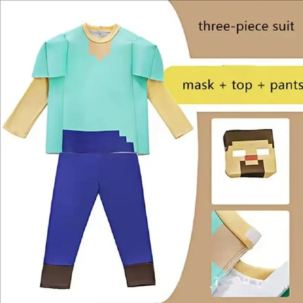Kids Cosplay Diamond Armor Game Character Steve Cosplay Costumes 3 Pieces Set Blue Outfits Dress Up Set for Halloween Suit