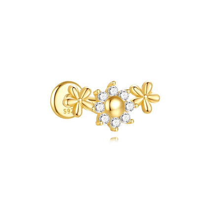 CANNER 1Pc 925 Silver Smooth Stars Moon Stud Earrings For Women 18K Gold Flat Head Threaded Puncture Ear Bone Ins Fine Jewelry