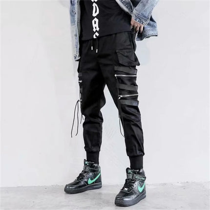 Men's Cargo Pants Casual Hip Hop Hit Color Multiple Pockets Trousers Streetwear Black Punk Ribbons Techwear Sweatpants Boys