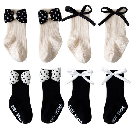 1/4pairs 0-2Y Cute Baby Girls' Cotton Mid-calf Socks Solid Bowknot Non-slip Sockens Toddler Kids Spring & Autumn Newborn Socks