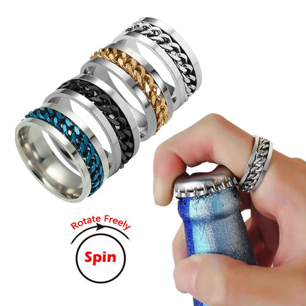 Titanium Steel Rotatable Chain Rings Men Women Stress Ring For Anxiety Couple Jewelry 8mm Corkscrew Rings Multifunctional Gift