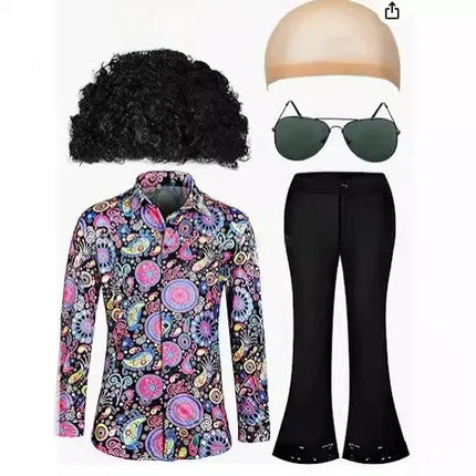 Men's Flared Pants Disco Shiny Shirt 70s Style Hip Hop Checkered Patterned Clothing Set Fashionable Retro Trend 2025