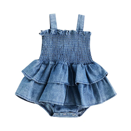 0-18M Newborn Infant Baby Girl Romper Dress Summer Sleeveless Suspender Pleated Ruffle Hem Bottom Snap Button Cute Bodysuits
