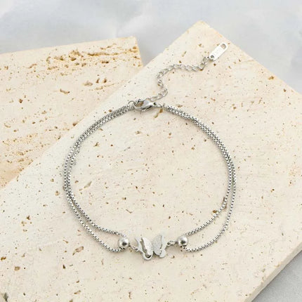 Stainless Steel Metal Double Layer Butterfly Anklet For Women Fashion Gold Color Adjustable Feet Chain Anklet Jewelry Gifts
